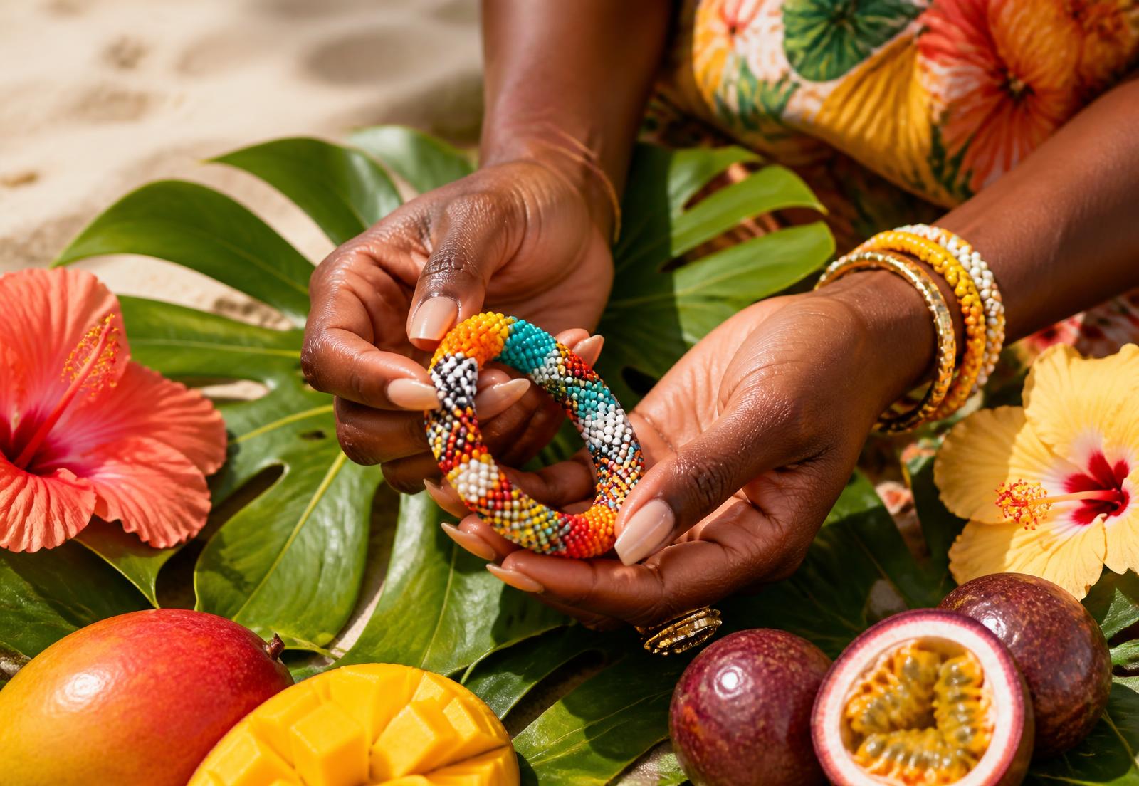 Les mains de Daisy tenant un bracelet perlé, entourées de feuilles tropicales, de fleurs d'hibiscus et de fruits exotiques